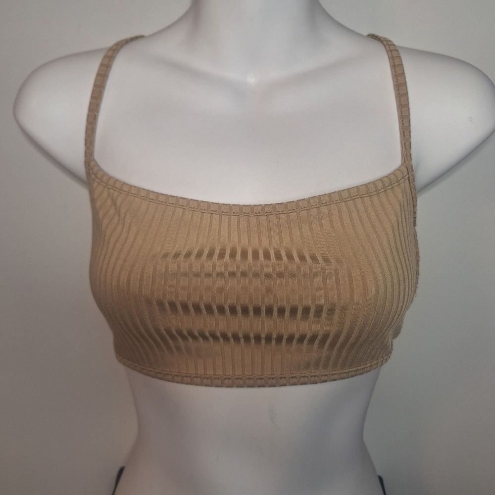 Tan Ribbed Knit Spaghetti Strap Crop Top Square Neck Camisole